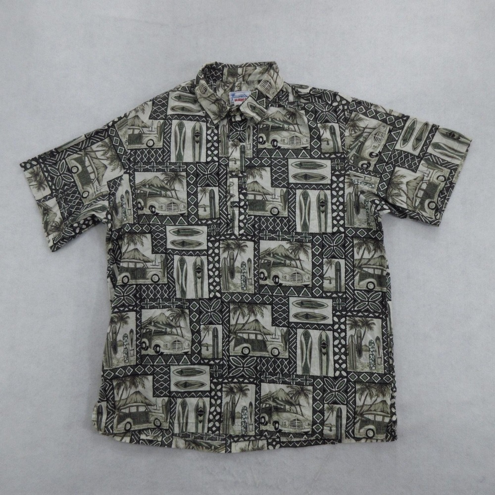 Hawaii Mens Hawaiian Shirt Size XL Green Surfboard Woody Car Aloha Cotton USA